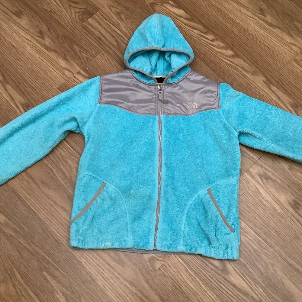 The North Face Fleece Jacket Girls Size XL (18) Gray Teal Full Zip Hooded -Read
